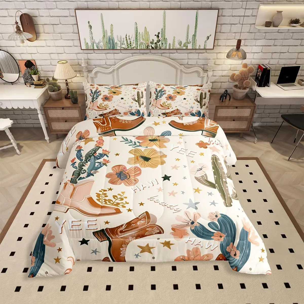 Feelyou Cowboy Comforter Set - Western Theme Bedding, Lightweight Duvet Insert with Cowboy Boots, Wild West Cactus Flower Designs for Kids' Bedroom Decor, Cowboy Theme