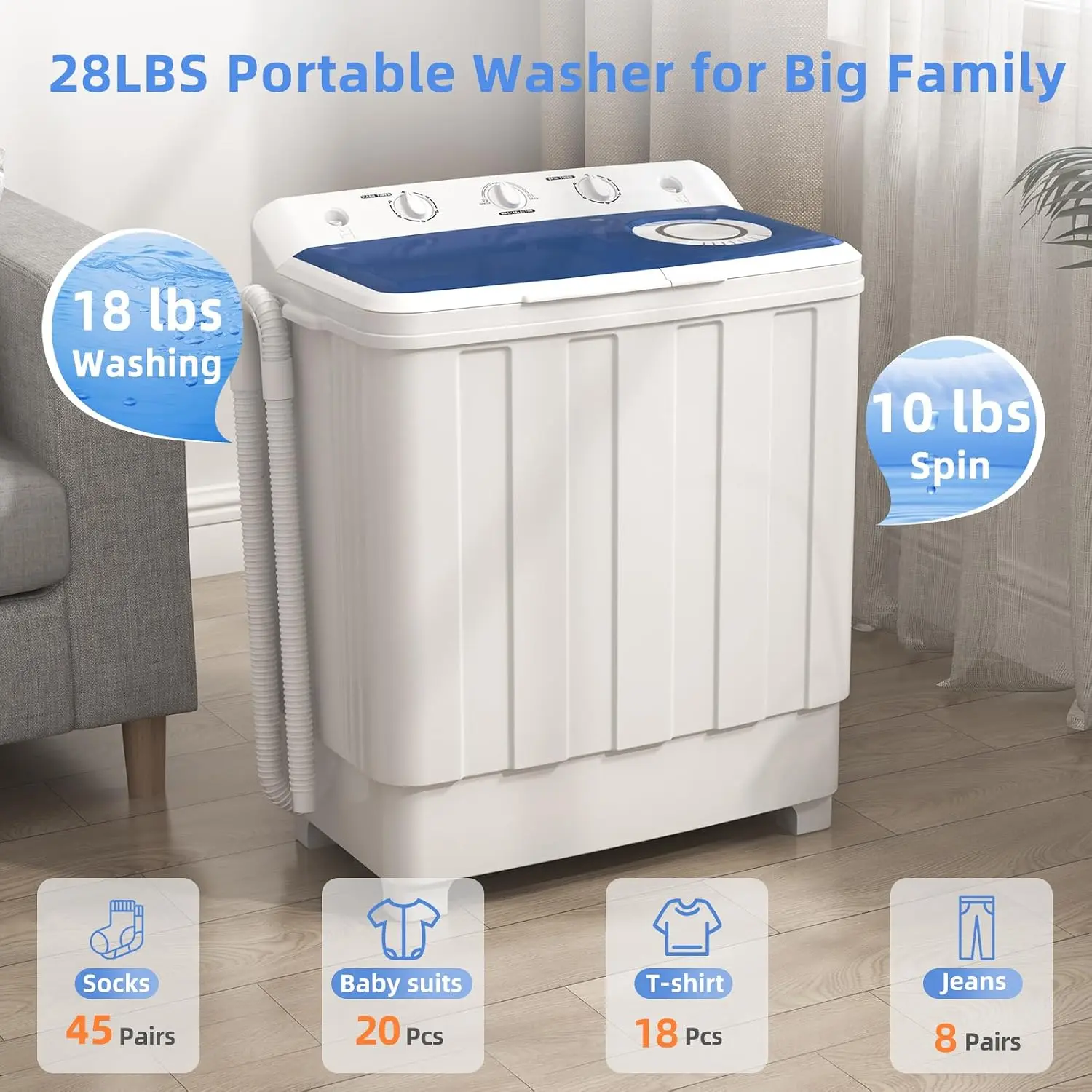 VCJ AU7595 Portable Washing Machine, Twin Tub Washing Machine Laundry Compact Washer spinner Combo with 28lbs capacity, 18Lbs Washer and 10Lbs Spinner dryer for Apartments RVs and Dorms