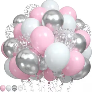 60pcs Pink and Silvery Balloons Pink White Balloon Metallic Silvery White Macaron Balloon Party Confetti Balloons for Birthday Bride Wedding Baby Shower Graduation