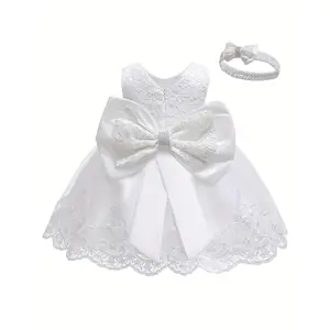 Toddler Baby Girls Lace Tutu Dress with Bowknot - Sleeveless, Round Neckline - Perfect for Weddings, Pageants, Baptisms, Birthday Parties - Polyester and Viscose Blend