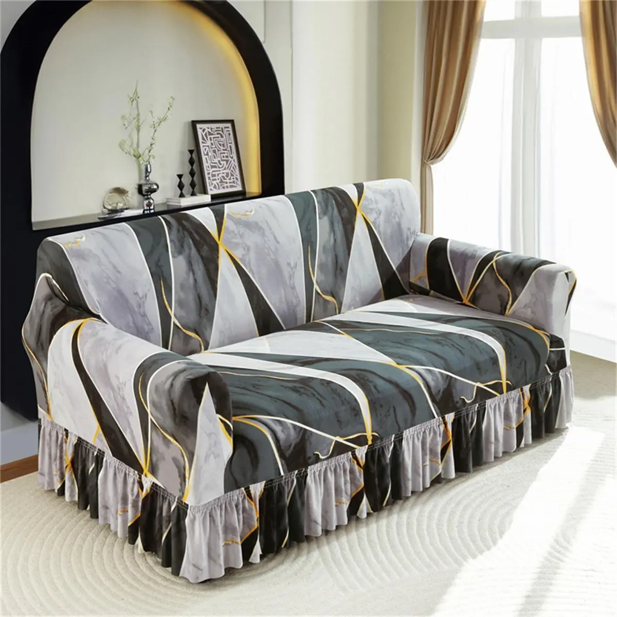 Marble Pattern Sofa Cover, Couch Cover, 1 Count Soft Comfortable Washable Sofa Slipcover with Elastic Strap, Dustproof Sofa Protector for Home Living Room, Elastic Furniture Protector