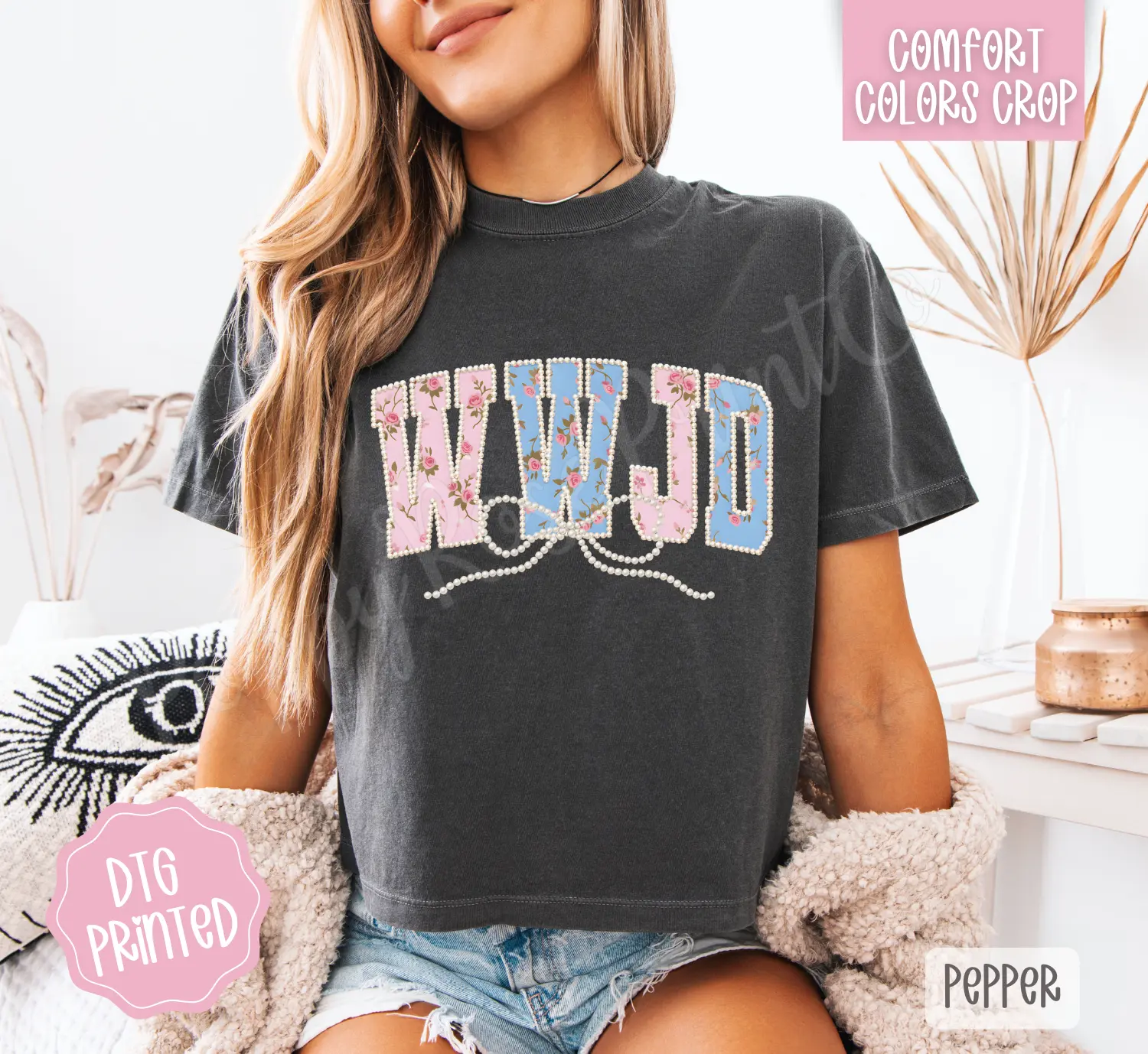 Faux Pearl WWJD Cropped Comfort Colors Tee, Trendy Tshirt for Women
