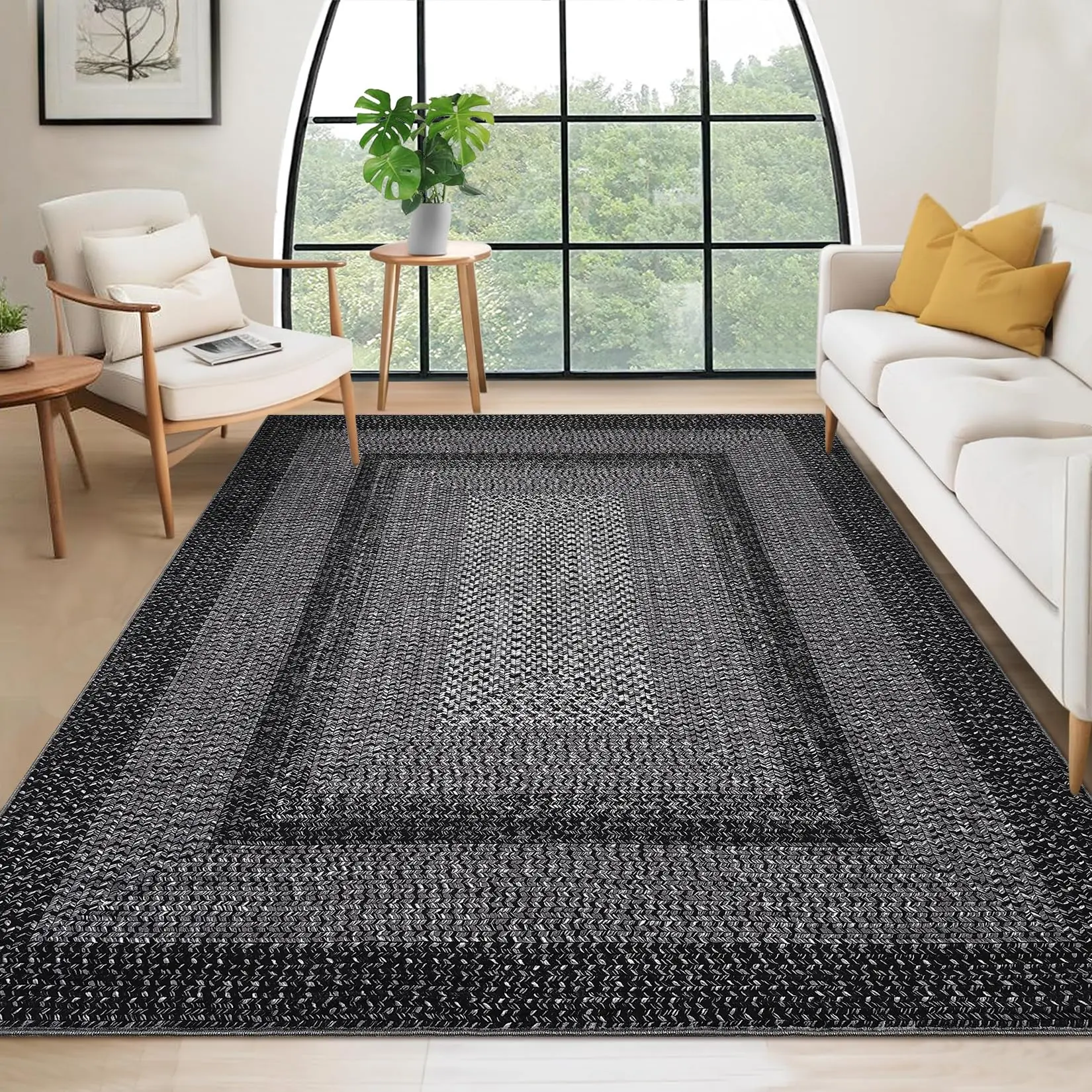 Black 4*6 Ft-Machine Washable Area Rug For Living Room Non Slip Low Pile Stain Resistant Modern Braided Printed Rugs For Bedroom Contemporary Bordered Soft Ultra Thin Indoor Carpet For Dining Room Home Decor