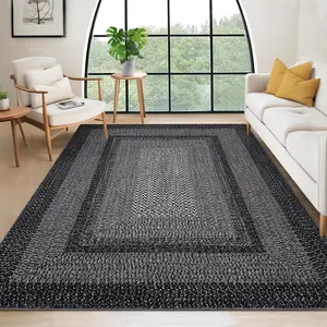 Black 4*6 Ft-Machine Washable Area Rug For Living Room Non Slip Low Pile Stain Resistant Modern Braided Printed Rugs For Bedroom Contemporary Bordered Soft Ultra Thin Indoor Carpet For Dining Room Home Decor