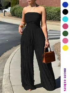 Women's Elegant Solid Color Strapless Dress, Sexy Slim-Fit Bodycon Pants with Pleated Decorative Fabric, All Seasons Fashion, Knitted Material, Flare Leg Jumpsuit