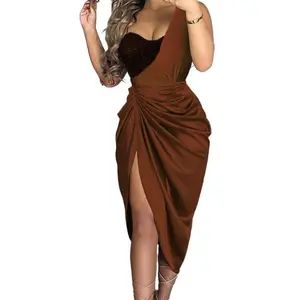 Solid Color Slit Long Skirt Ruched One Shoulder Elegant Dresses for Women Evening Formal Piece Suit Womenswear Style Polyester Chic Csual Fabric Workwear Outfit，halter tops