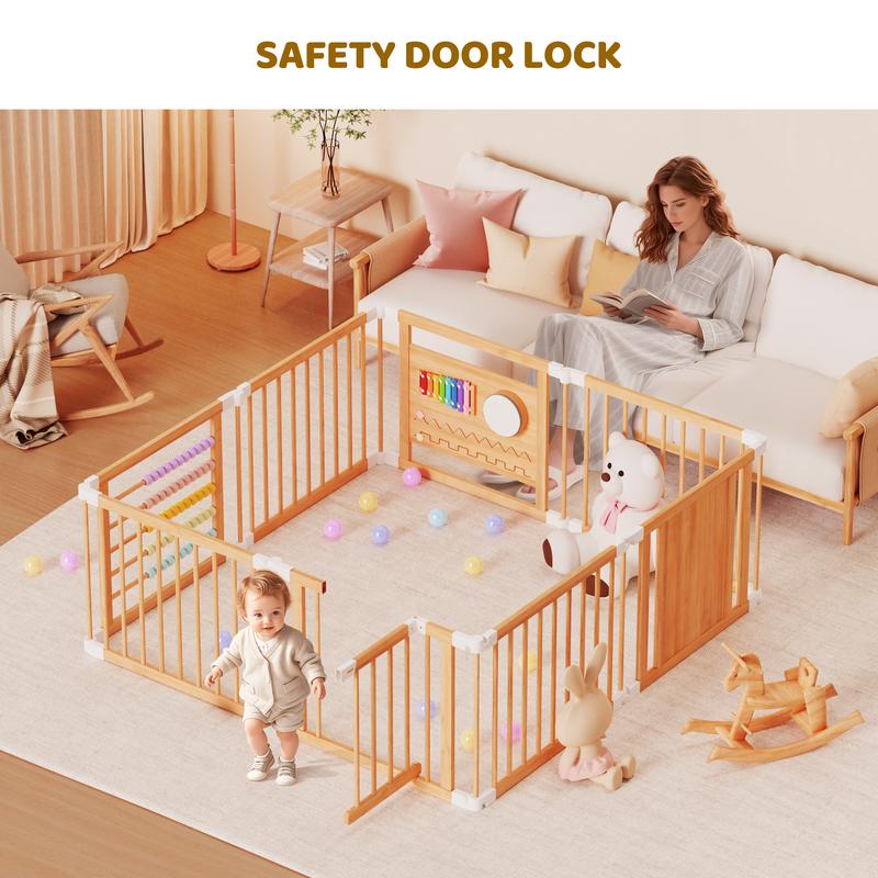 Naudacaa Baby Playpen & Safety Gate, 6/8/10 Panels  Foldable Pine Wood Play Yard with Child-Proof Lock, Easy-Assembly Baby Fence for Indoor Safe Play