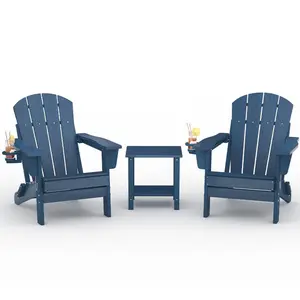Collapsible HDPE Adirondack Patio Chair – All-Weather, Water-Resistant, with Cup Holder, Wood Grain Texture, Easy Assembly, Perfect for Garden, Lawn, Deck, Fire Pit