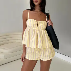 Women's 2 Piece Outfits Striped Bow Tie up Front Sleeveless Spaghetti Strap Peplum Shirred Camisole and Shorts Set Holiday Vacation Matching Set Shorts Set
