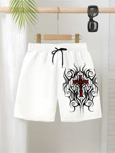 Trendy Thorn Cross Printed Kids Pants, Loose Straight Leg Casual Shorts, High Street Style Versatile Boys' Shorts, Drawstring Waist, Casual Fashionable Shorts, Casual Comfy Shorts