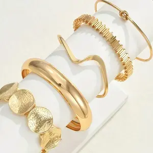 [5 Counts] Alloy Gold Plated Cubic Zirconia Classic Wave Bracelet - Bohemia Gold Bracelets for Women - Size 6.3-9.45 Inch - Simulated Gold Layering Bracelets | Elegant Women's Bangle Set Stylish Jewelry Set Adjustable Bangles