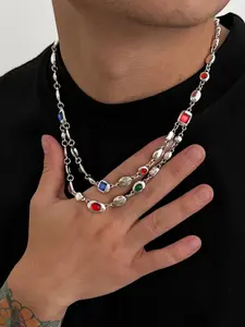 Elegant Colorful Rhinestone Layered Necklace, Vintage Cold-Weather Metal Chain Jewelry, Unisex Casual Accessory for All Seasons, Exquisite Chain Jewelry