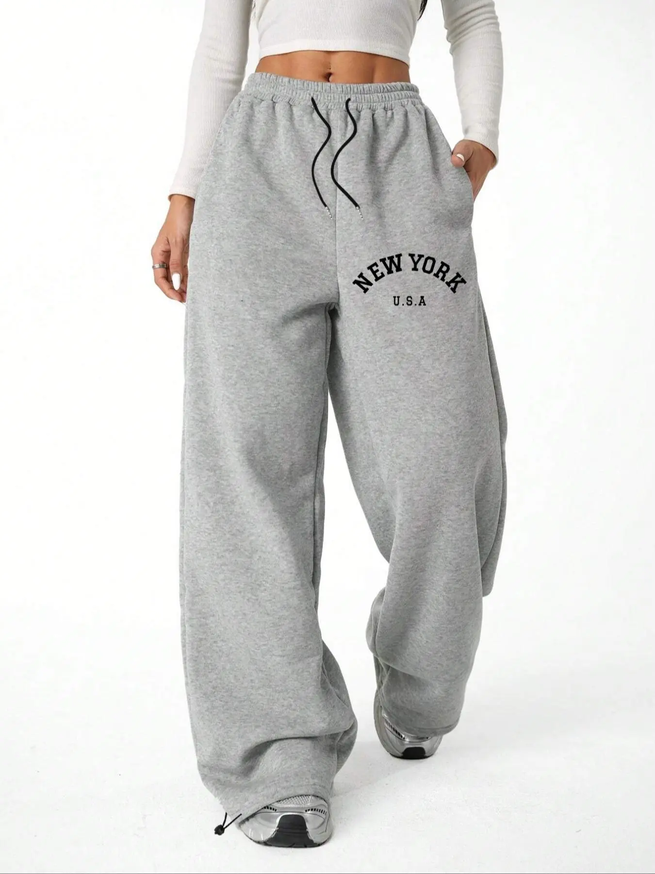 Women's New York Letter Print Thermal Lined Sweatpants, Casual Wide Leg Trousers for Fall & Winter, Women's Bottoms for Daily Wear