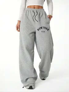Women's New York Letter Print Thermal Lined Sweatpants, Casual Wide Leg Trousers for Fall & Winter, Women's Bottoms for Daily Wear