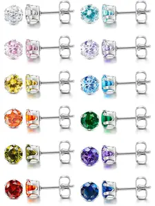 12 Pairs Bright Stunning Colorful Zirconia Piercing Studs for Women Men Rustproof 316L Stainless Steel Earring Collection Dazzling Round Brilliant Cut CZ Ornaments Multi-Tone Birthstone Style Unisex Fashion Ear Accessories