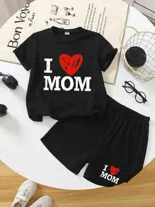 I Love Mom - Embroidered Children's Parental Affection Set. Summer New Style Boys' And Girls' Short-Sleeved T-Shirts And Shorts Set. Stylish, Comfortable, Casual, Fashionable And Versatile For Daily Use. #Father's Day# #Mother's Day# #Gift# #520#