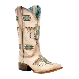 Corral Ladies Cream & Turquoise Embroidery Square Toe Boots Z5219