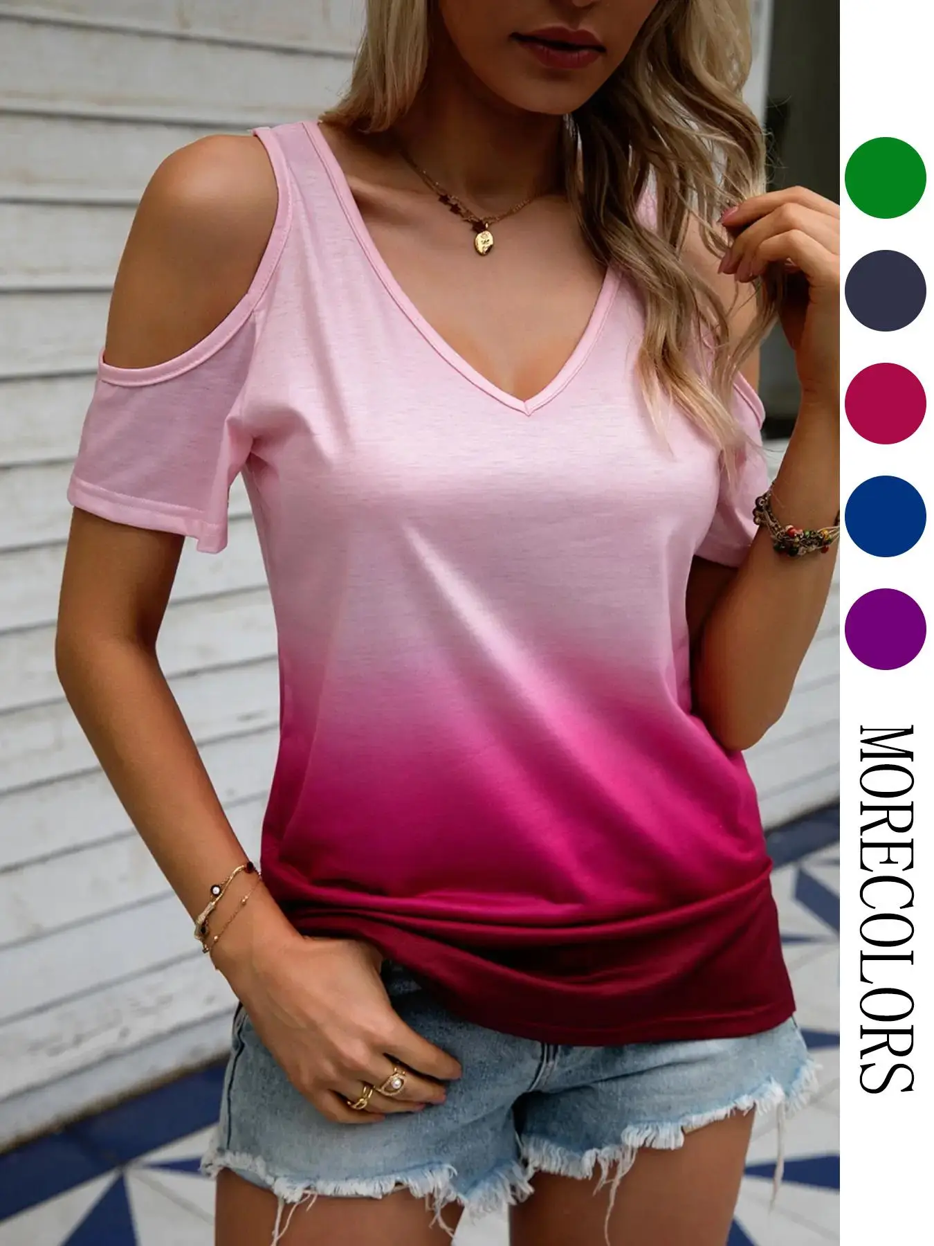 Women's Ombre Print Cold Shoulder Tee, Casual Short Sleeve T-Shirt for Summer, Summer Outfits 2024, Ladies Clothes for Daily Wear