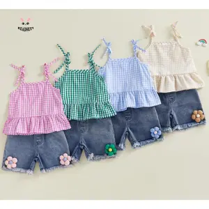Girls 2Pcs Plaid Ruffle Tank Top & Denim Shorts Set Fashionable Cute Toddler Kids Outfit