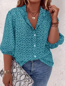 Plus Size Women's Floral Shirt, Casual Button Down, V Neck Button Front Design, Fashion Versatile, Casual Fitted Blouse Top, All Seasons Wear