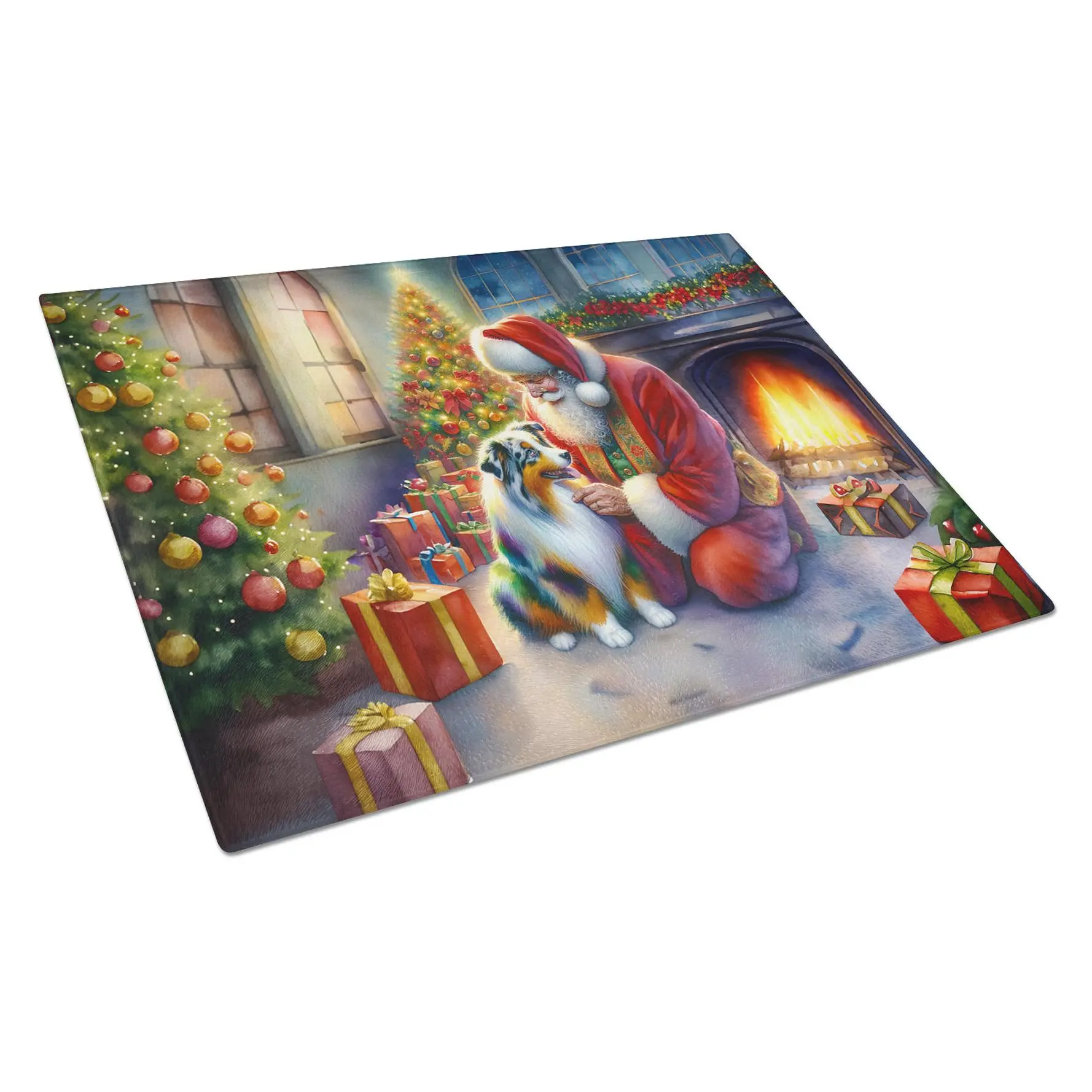 Tempered Glass Chopping Board, 12 Inches Length Large Size, Australian Shepherd & Santa Claus Vibrant Print, Kitchen Cutting Board for Artistic Decor
