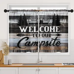 Camper Kitchen Curtains RV Window Curtains Over Sink Set of 2, Welcome to Our Campsite Motivational Rod Pocket Short Tier Curtains for Kitchen, Farmhouse Small Kitchen Decor (26x36 Inch)