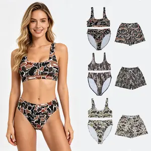 Girls' Western Camouflage High-Waist Bikini Top Trunks, Stretchy Quick-Drying Swimsuit with Removable Pads, Supportive Summer Swimwear for Beach, Pool