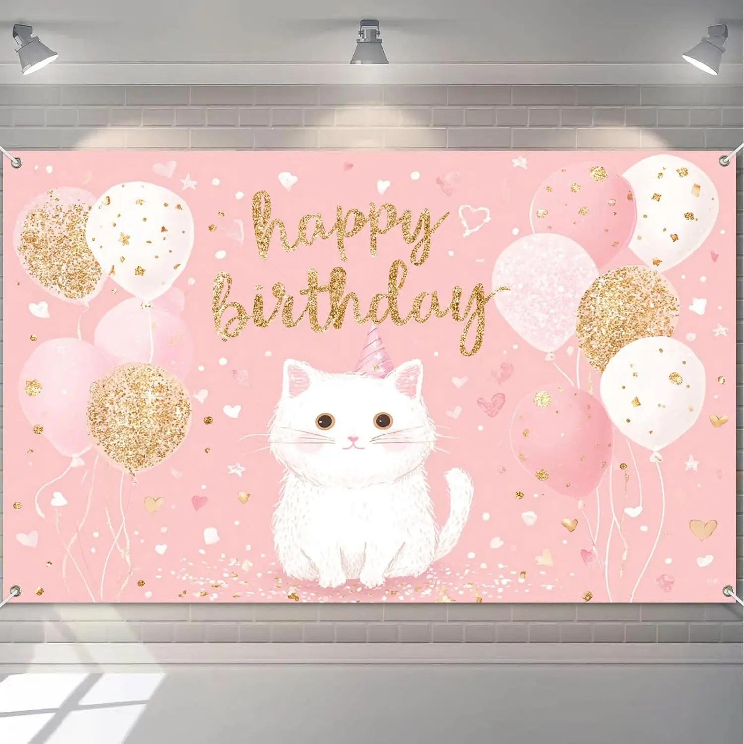 Cute Cat Happy Birthday Banner with Pink Balloons and Gold Glitter Stars for Girl Birthday Party Indoor and Outdoor Backdrop