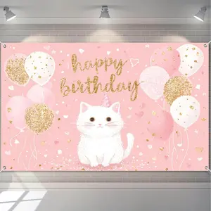 Cute Cat Happy Birthday Banner with Pink Balloons and Gold Glitter Stars for Girl Birthday Party Indoor and Outdoor Backdrop