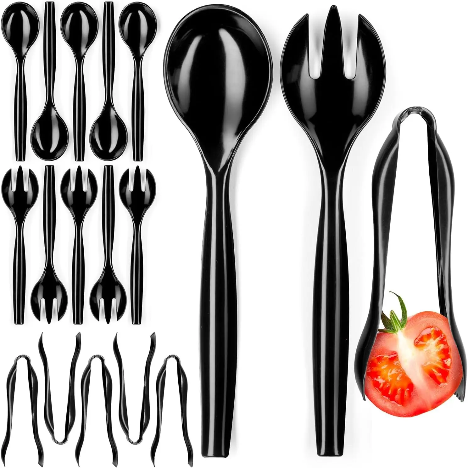 18 Pcs Black Plastic Serving Utensils Set – Heavy Duty Disposable Serving Spoons, Forks & Tongs | 10″ Serving Spoons for Buffet, Party, Catering, Wedding | Reusable, BPA-Free
