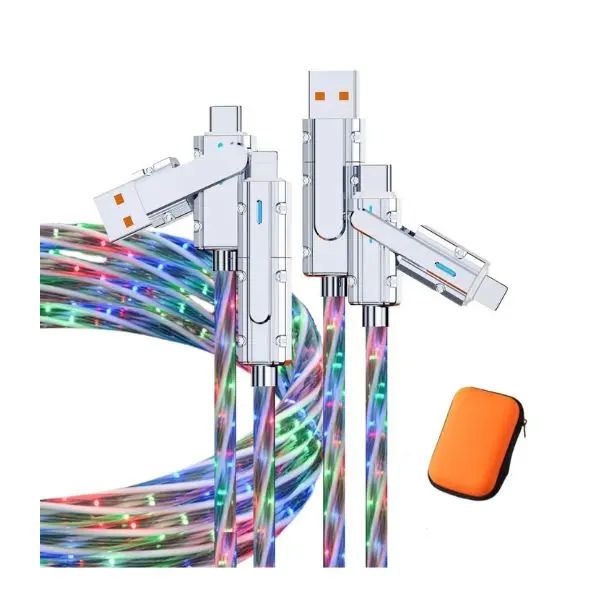 4-in-1 USB-C Cable 2-Pack – 3.3FT RGB Light-Up Charging Cord with USB-A/C Connectors & EVA Travel Case for iPhone 15/14, MacBook, Samsung S24/S23