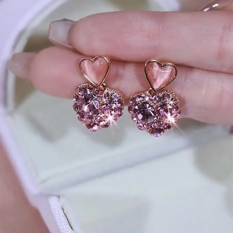 Exquisite Full Rhinestone Pink Peach Heart Love Heart Stud Earrings 2026 Trendy Sweet Versatile Elegant Ear Jewelry HNAN06