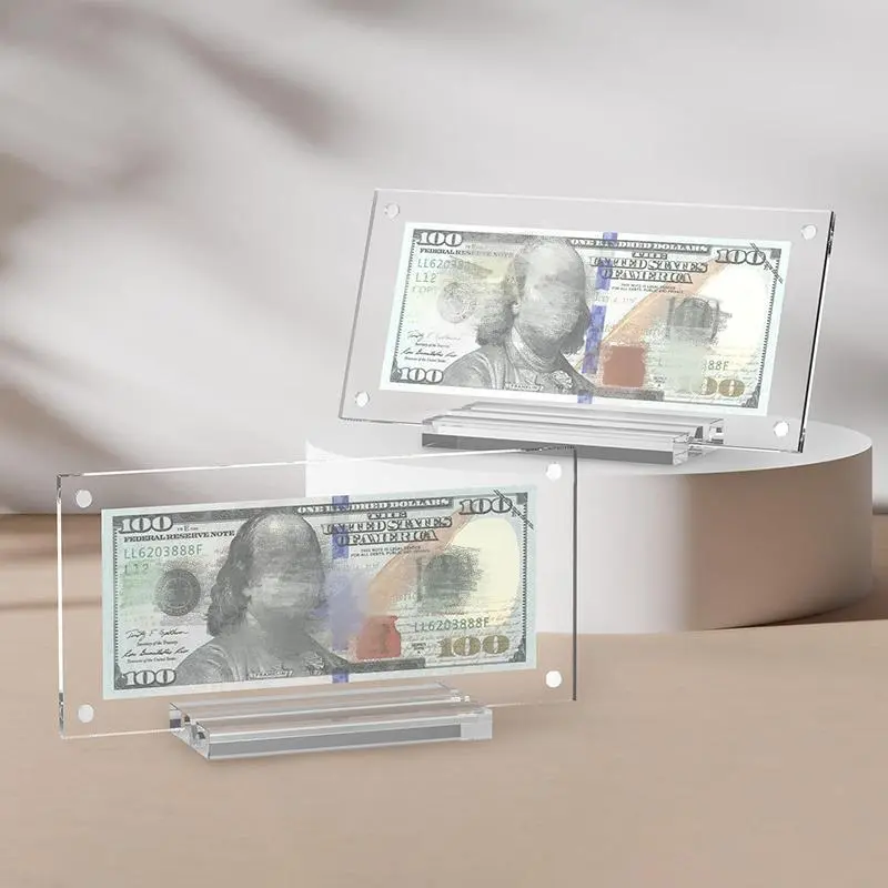 Sturdy Clear Acrylic Dollar Bill Commemorative Coin Picture Frame Holder with Base for Home Desk Display Collectible Showcase Decor Photo
