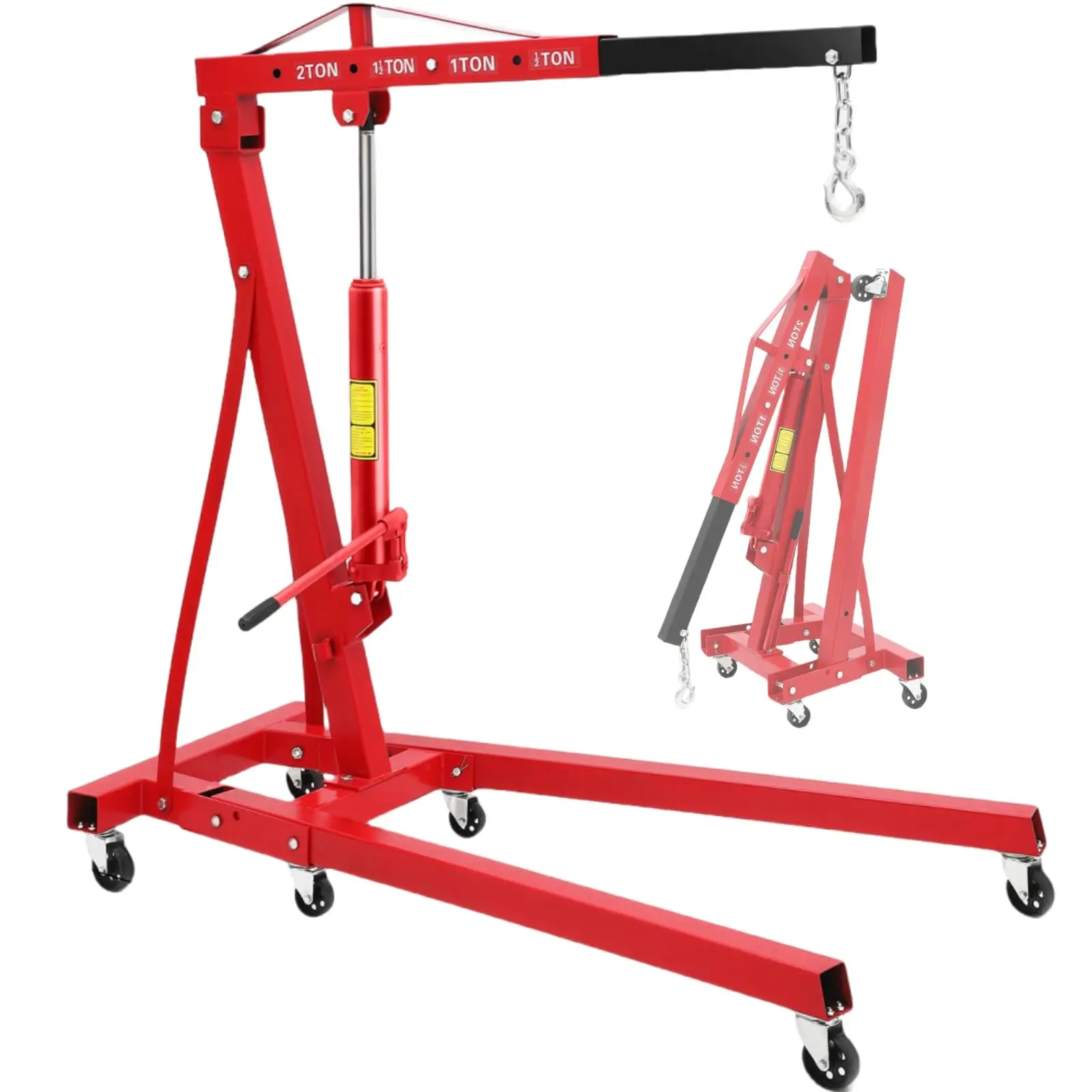 Garvee Heavy Duty 1500LBS (3/4 Ton) Engine Hoist and Leveler - Collapsible Hydraulic Shop Crane, Adjustable Handle, 360° Swivel Hooks, Ball Bearing Pulley, 6 Wheels for Engine Removal & Auto Repair Garage