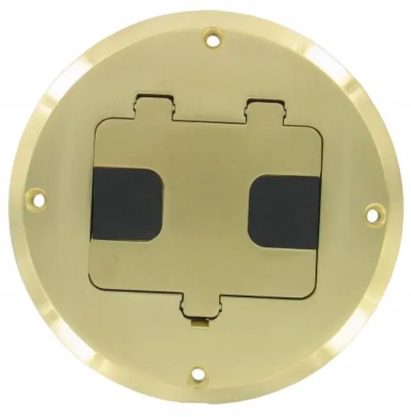 212 MAIN 6239BP Brass-Plated Round Floor Socket Kit, Concealed 15A 125V Duplex Receptacle with Safety Guards, Cover Gasket, and Complete Instructions