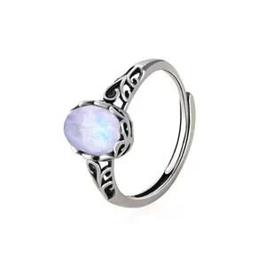 ixluck 925 Sterling Silver Natural Moonstone Filigree Adjustable Ring healing jewelry Symbolic Protection