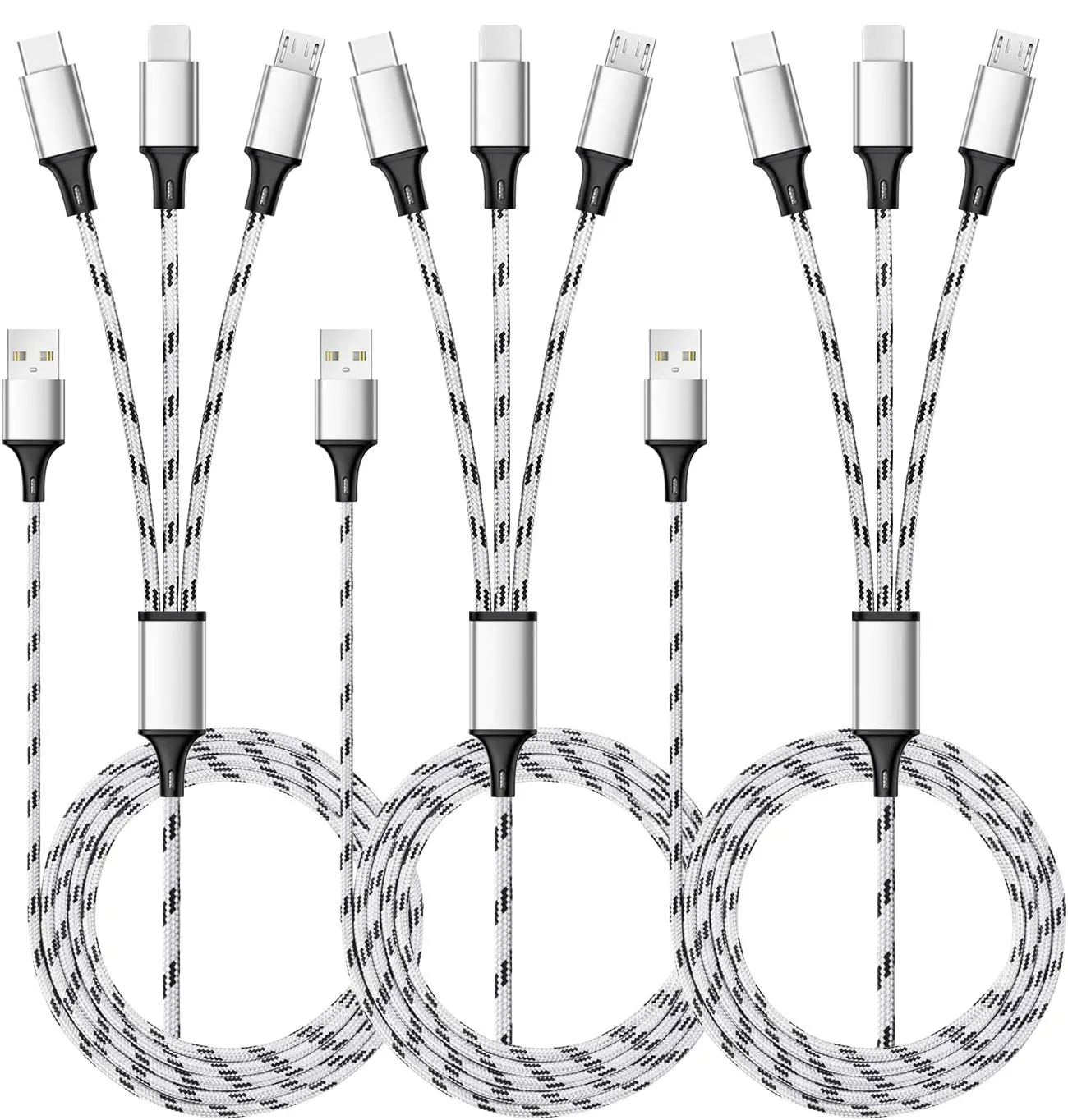 3 Pack Multi Charging Cable 5ft – 3-in-1 Nylon Braided Charger Cord with USB, Type-C & Micro USB Connectors for iPhone, Android & More Devices