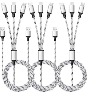 3 Pack Multi Charging Cable 5ft – 3-in-1 Nylon Braided Charger Cord with USB, Type-C & Micro USB Connectors for iPhone, Android & More Devices