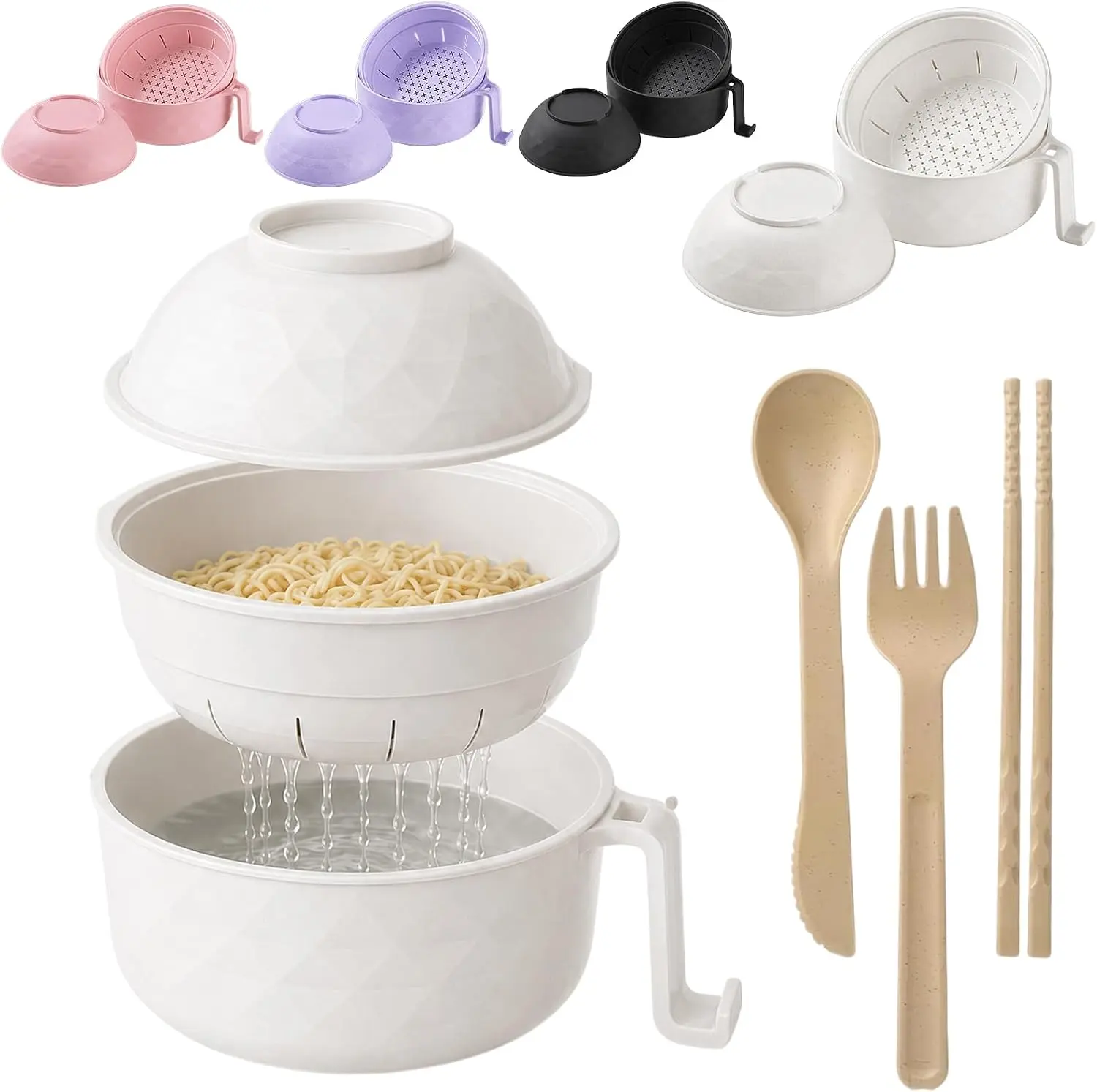 Classic Microwave Ramen Bowl Tableware Set with Handle, Cutlery (Spoon, Fork, Chopsticks) – Safe, Easy to Use, Versatile for Noodles, Soups, Ideal for Dorms, Christmas Gift Kitchenware Containers