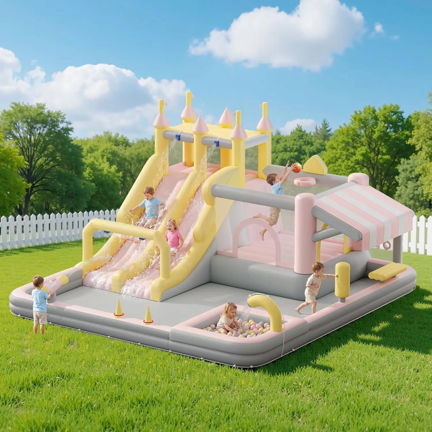[Summerwins]Vanacc Inflatable Bounce House, Water Slide with Jumping Area, Climbing Wall and Splash Pool, Indoor Outdoor Jumper for Big Children, Air Blower Included,Mother's Day Gifts