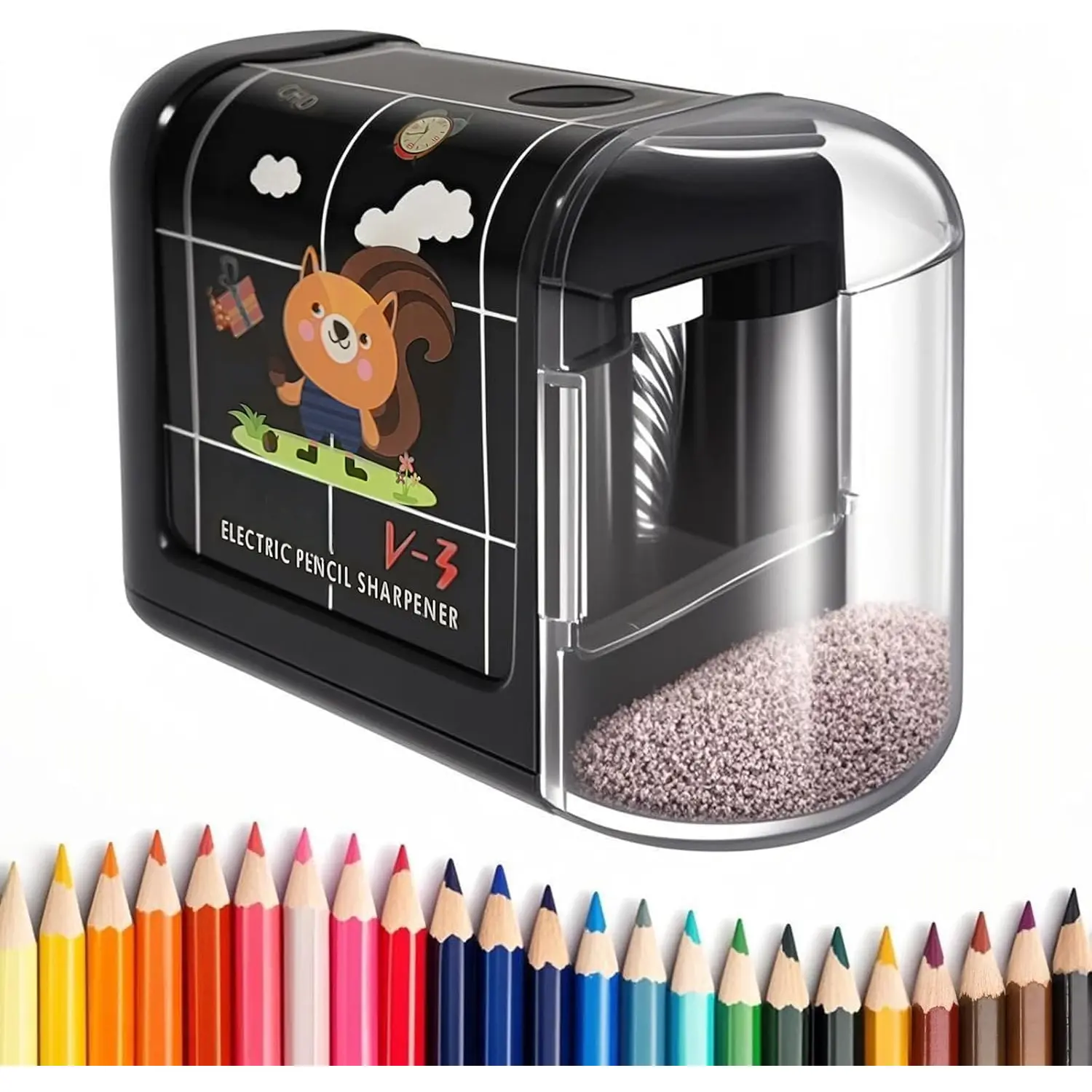 V-3 Electric Pencil Sharpener for No.2 & Colored Pencils - Operated Auto Stop Safe Cartoon Design Portable Sharpener for School  Office Black