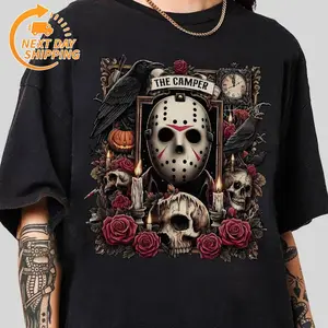 Jason Camp Crystal Lake Shirt, Jason Friday Mask Floral Halloween TShirt, Halloween Movie Tee, Spooky Season, Fall Vibes 45867 41
