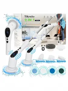 Electric rotary floor scrubber, rechargeable cleaning brush, adjustable extension arm, LED screen voice prompt, 9 replaceable cleaning heads, 3 adjustable speeds, electric floor scrubber suitable for bathrooms, bathtubs, tiles and floors