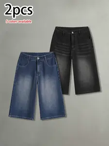 Multi-pack: summer men’s washed distressed denim shorts, 7/8 length, made from cotton for comfort and skin-friendliness; versatile casual athletic shorts; fashionable retro street-style loose fit men’s 7/8 shorts.summervibes