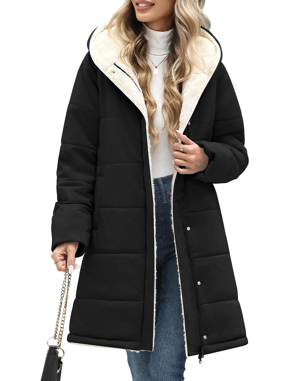 UMIPUBO Shop Women’s Mid-Length Hooded Winter Jacket, Thick Faux Sherpa Lined, Quilted Padded Zip-Up Parka, Cozy Warm Casual Daily Outerwear for Fall Winter