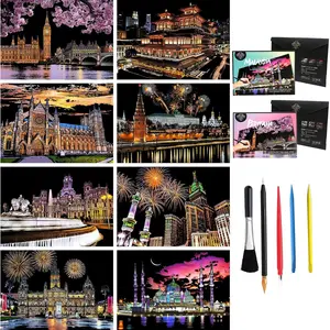 Toulideifaria 8 Sheets Rainbow Scratch Art City Building Scratch Paper Foil Art for Adults Colorful Sketches Scratch Off Coloring Book Gifts for Craft Lovers for Valentines、Christmas(City Series)