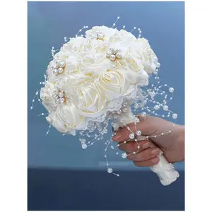 White Wedding Bouquet For Bridal With Rhinestone Brooch Satin Holding Toss Artificial Flowers Bouquet For Bride Bridesmaid Quinceanera Handmade Satin Rose Bridal Bouquet Stunning Wedding Bouquets