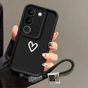 Phone case: Hand-painted Heart Black Lanyard Wrist Strap Minimalist Solid Color Case for Samsung Galaxy S26 S25 S24 S23 S22 S21 Fe Plus Ultra A13 A14 A15 A16 A17 A33 A34 A35 A36 A52 A53 A54 Note20