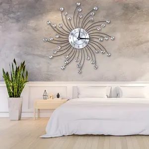 New 12.99in Sparkling Bling Metallic Silver Flower Shaped Wall Clock for Living Room Decor Stainless