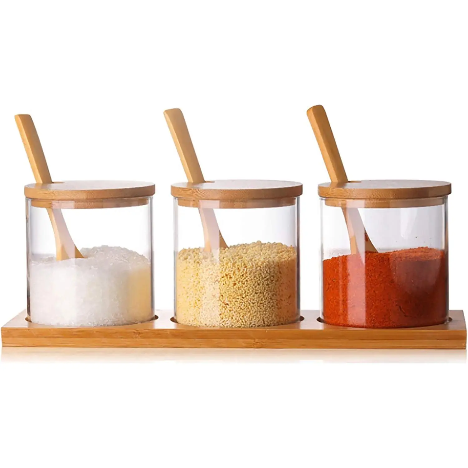 3-Count Stylish Simple Sturdy Spice Jar Set, Decorative Glass Condiment Bottles with Spoon Lid & Base, Kitchen Utensils for Storing Salt, Sugar, Pepper, Transparent